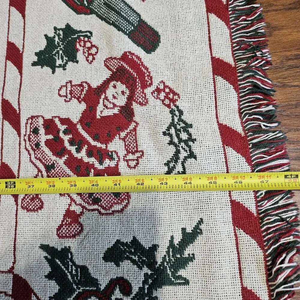 Vintage Christmas Holiday Thrown Blanket Woven Tapestry Santa Claus Reversible